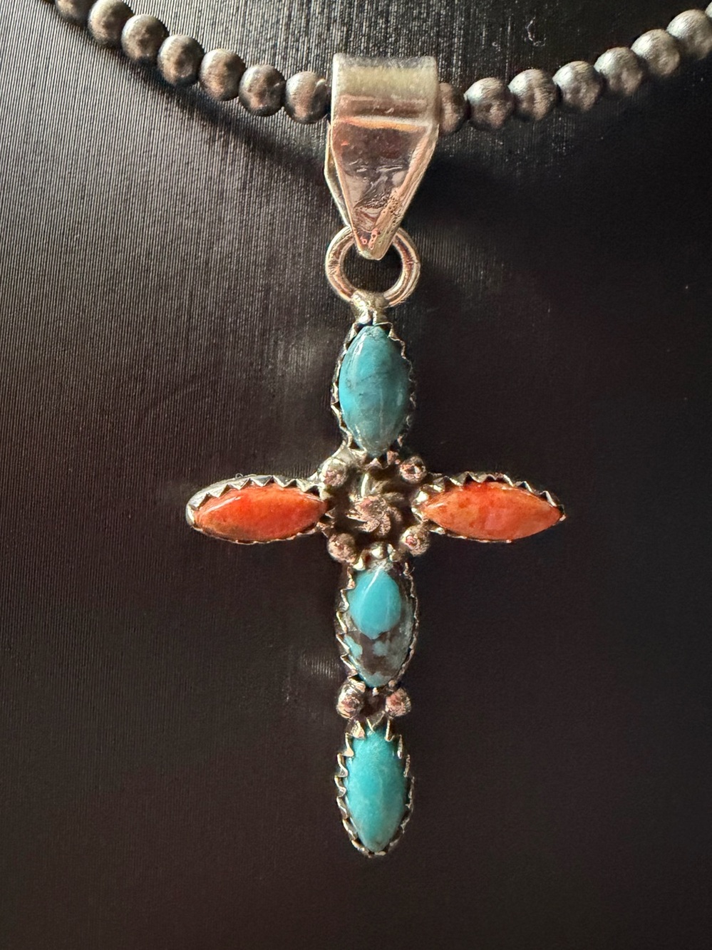 Sterling Silver Turquoise & Coral Cross Pendant Necklace